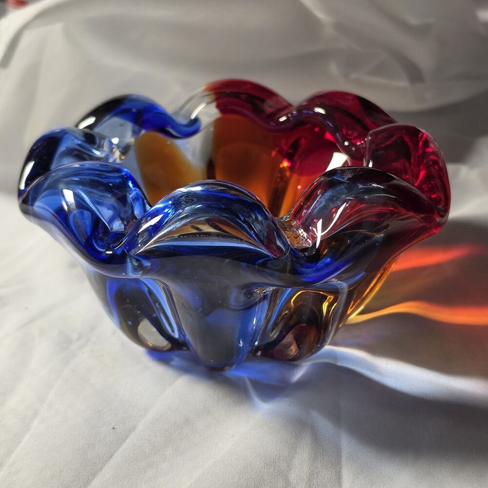 Vintage Heavy Art Glass Bowl Ashtray 6” Red Blue Amber 3.4 LB Sculptural MCM